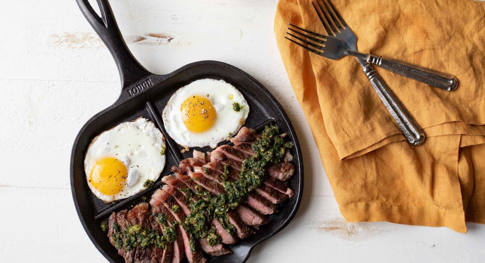 Cast Iron Bacon and Egg Griddle with steak and eggs