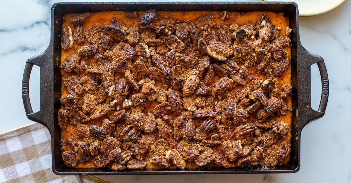 Sweet Potato Casserole With Spicy Bourbon Pecans