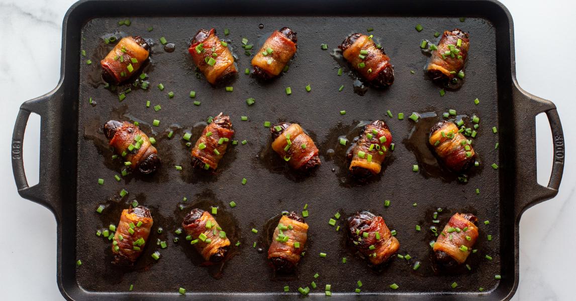 Bacon-Wrapped Dates with Sriracha Honey Drizzle