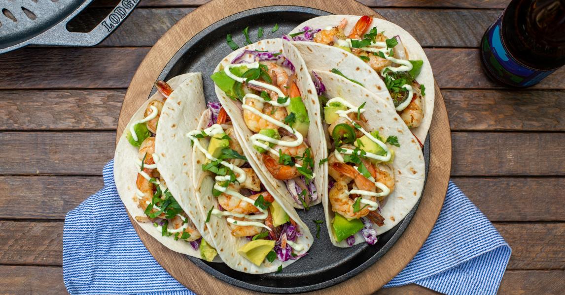 Grilled Spicy Shrimp Tacos with Avocado Lime Crema