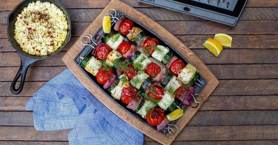 Grilled Sea Bass Kebabs with Skordalia and Grilled Feta
