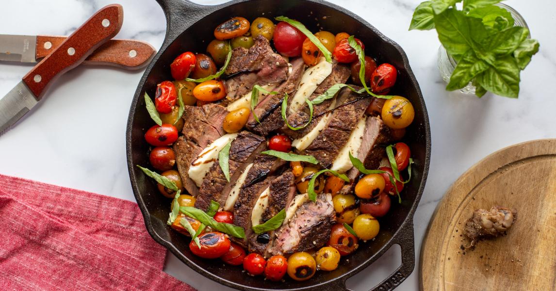 One-Pan Steak Caprese with Fresh Basil and Blistered Heirloom Tomatoes