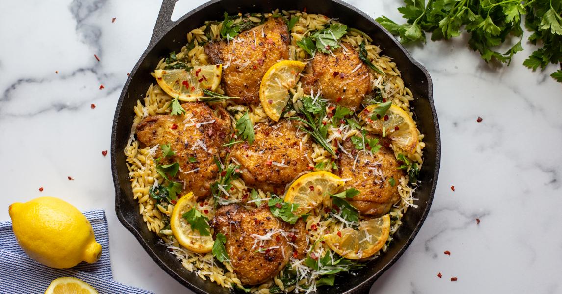One-Pan Chicken Thighs with Lemon and Spinach Orzo