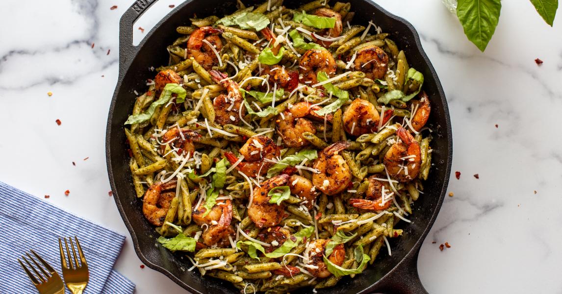 One-Pan Blackened Shrimp and Pesto Penne Pasta