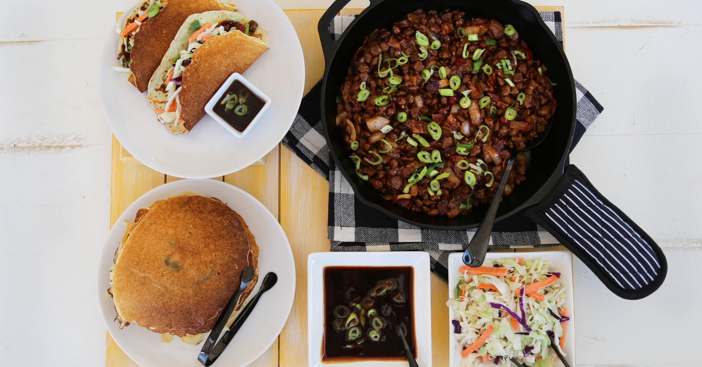 Moo Shu Sausage & Bacon With Scallion Cornbread Pancakes