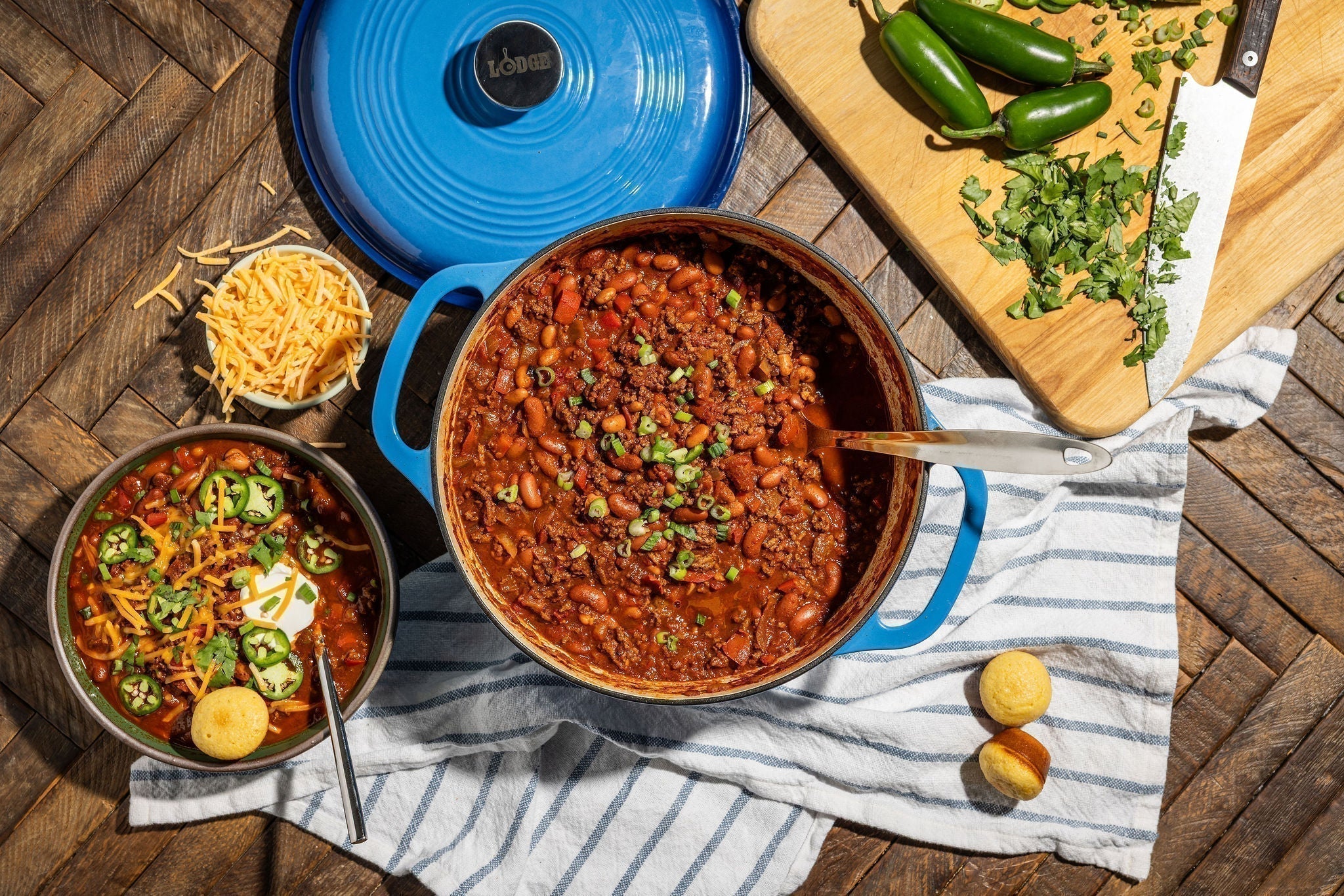 Beef chili served from dutch oven