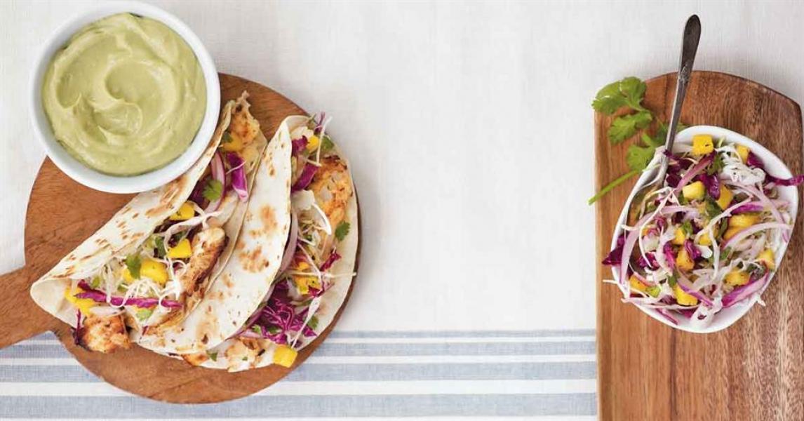 Fish Tacos With Mango Slaw and Avocado