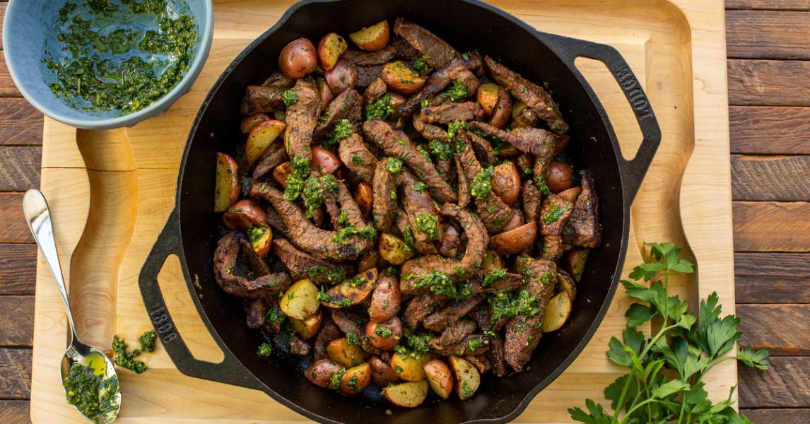 Grilled Beef Tips and Potatoes with Chimichurri