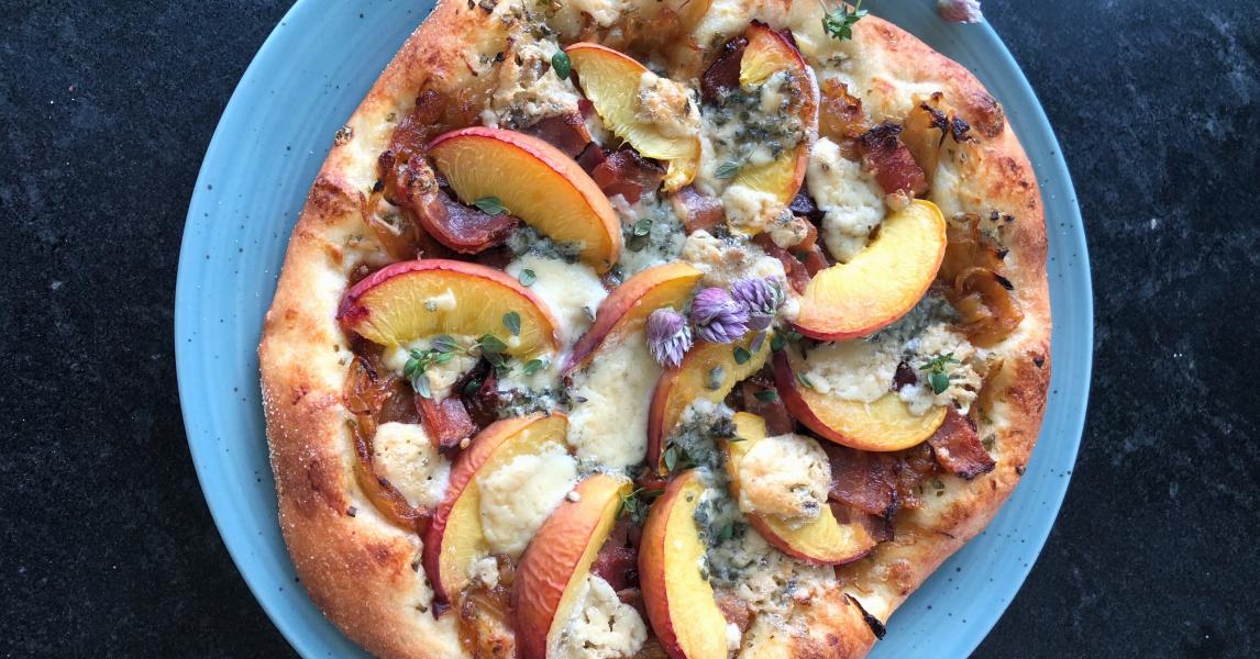 Bacon, Blue Cheese, & Peach Pizza With Semolina Pizza Crust