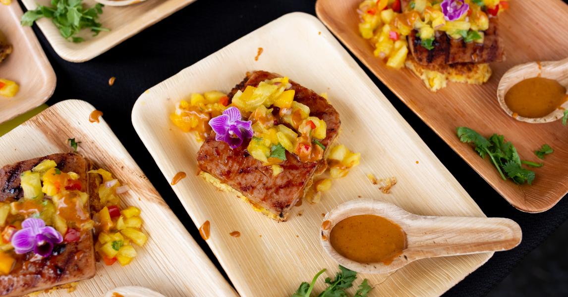 Ono Lahaina Pineapple Cornbread Fritters with Grilled Teriyaki Spam and Aloha Relish