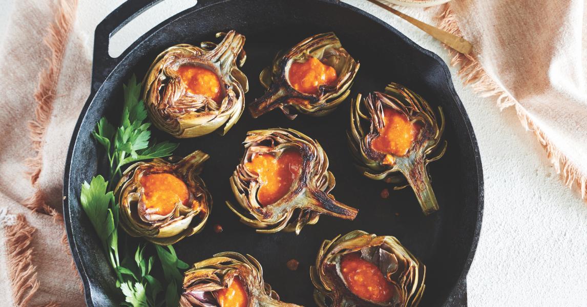Pan-griddle Artichokes With Fresh Romesco Sauce