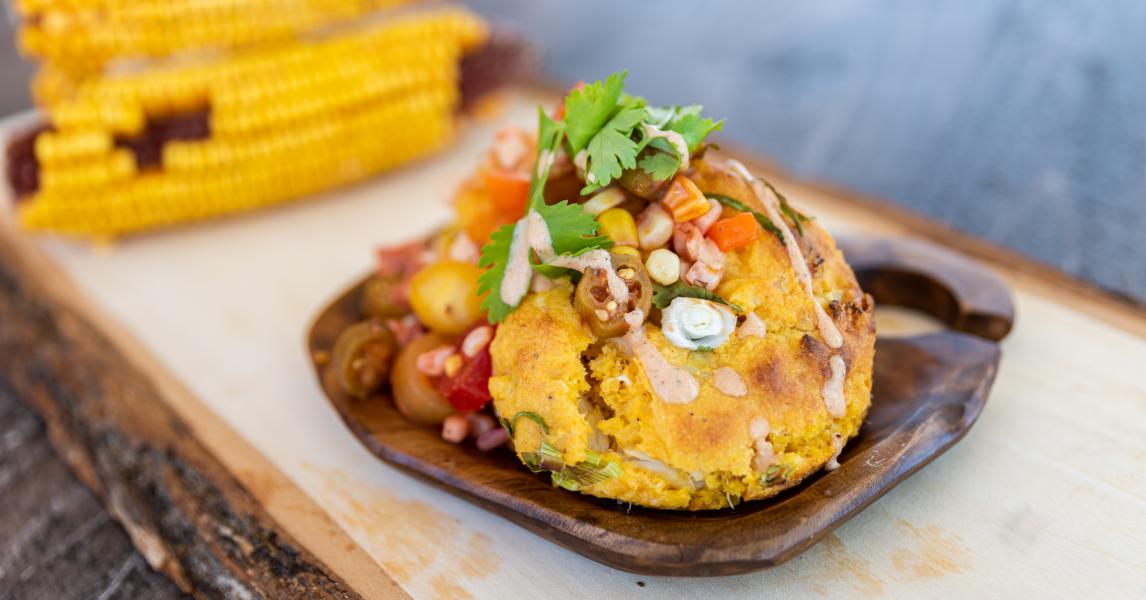 Cajun Crab Corn Cakes With Pickled Okra Maque Choux