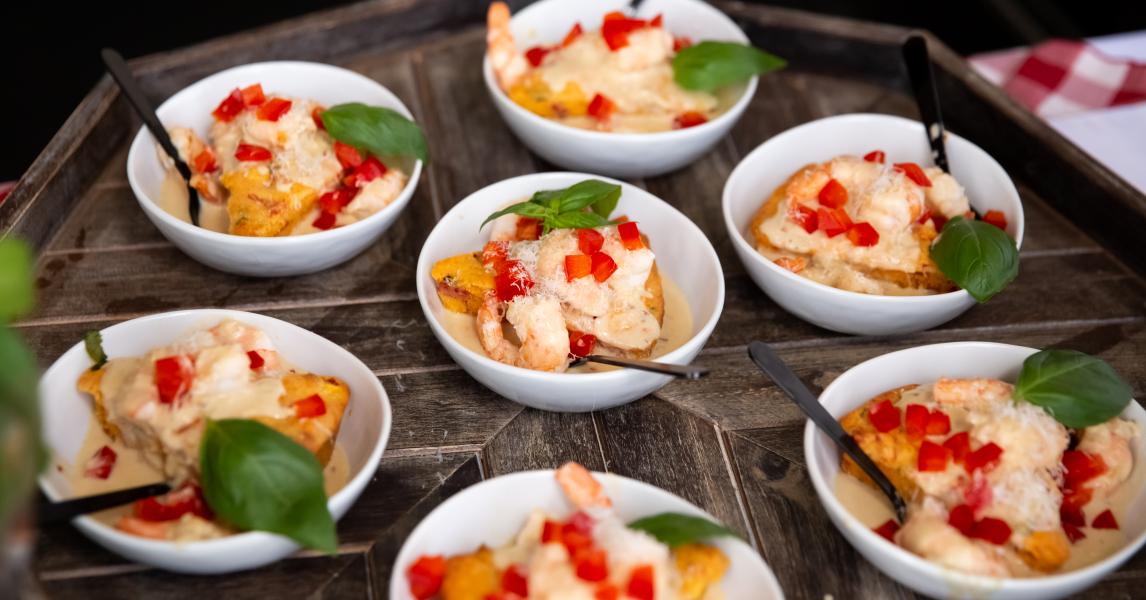 Roasted Red Pepper Cornbread Wedges & Shrimp Diablo Sauce