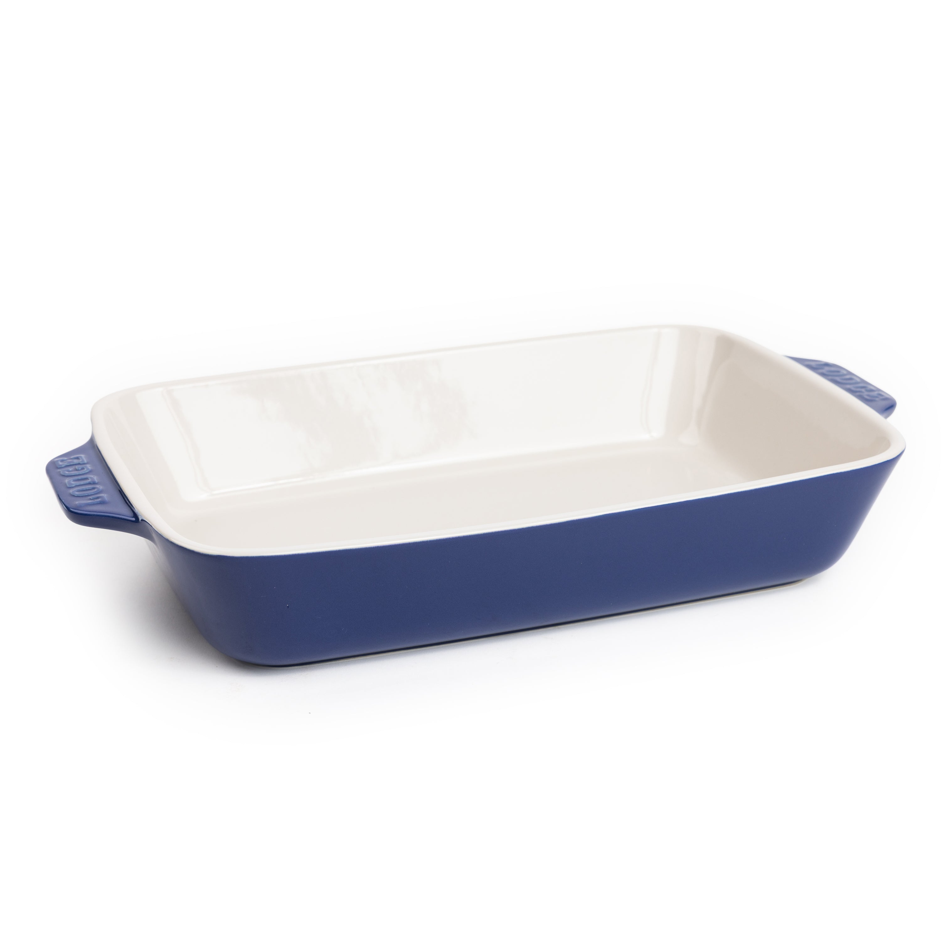 Indigo 13-by-9-inch stoneware baking dish with white interior.