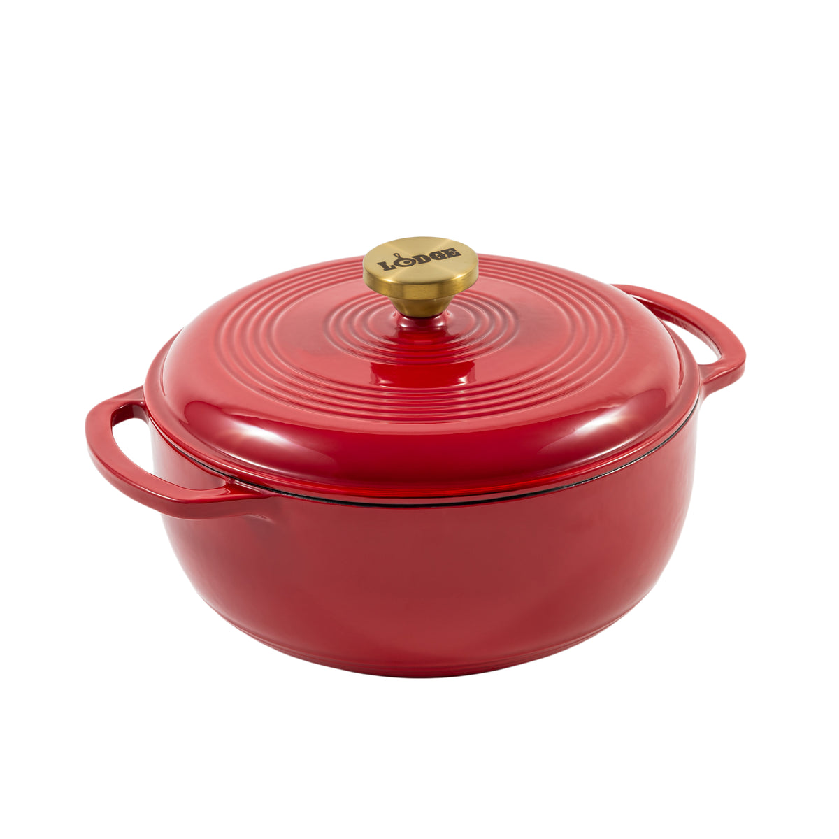 A red enameled cast iron Dutch oven with a matching lid and gold-tone knob, shown on a plain white background.