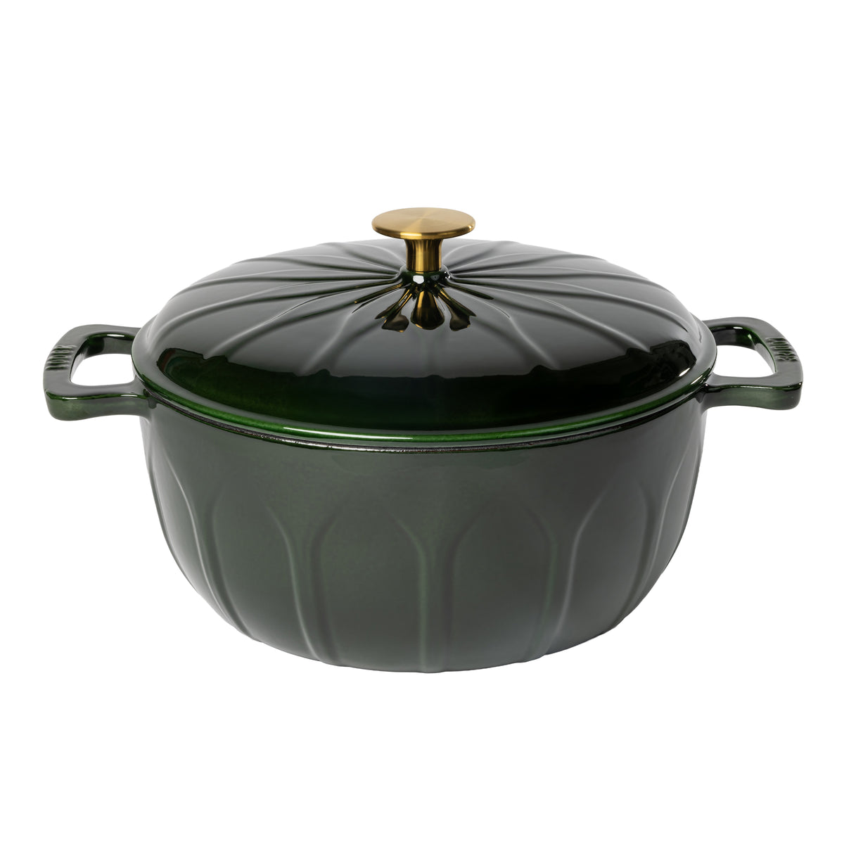A dark green enameled cast iron pot with a matching lid, featuring a ribbed pumpkin-like design, side handles, and a gold-toned knob.