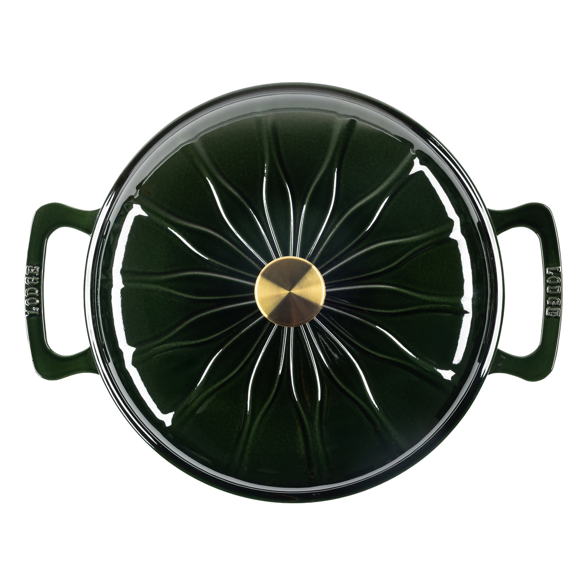 Top down view of enameled cast iron pot with a matching lid, featuring a central gold knob and white radial lines on the lid.