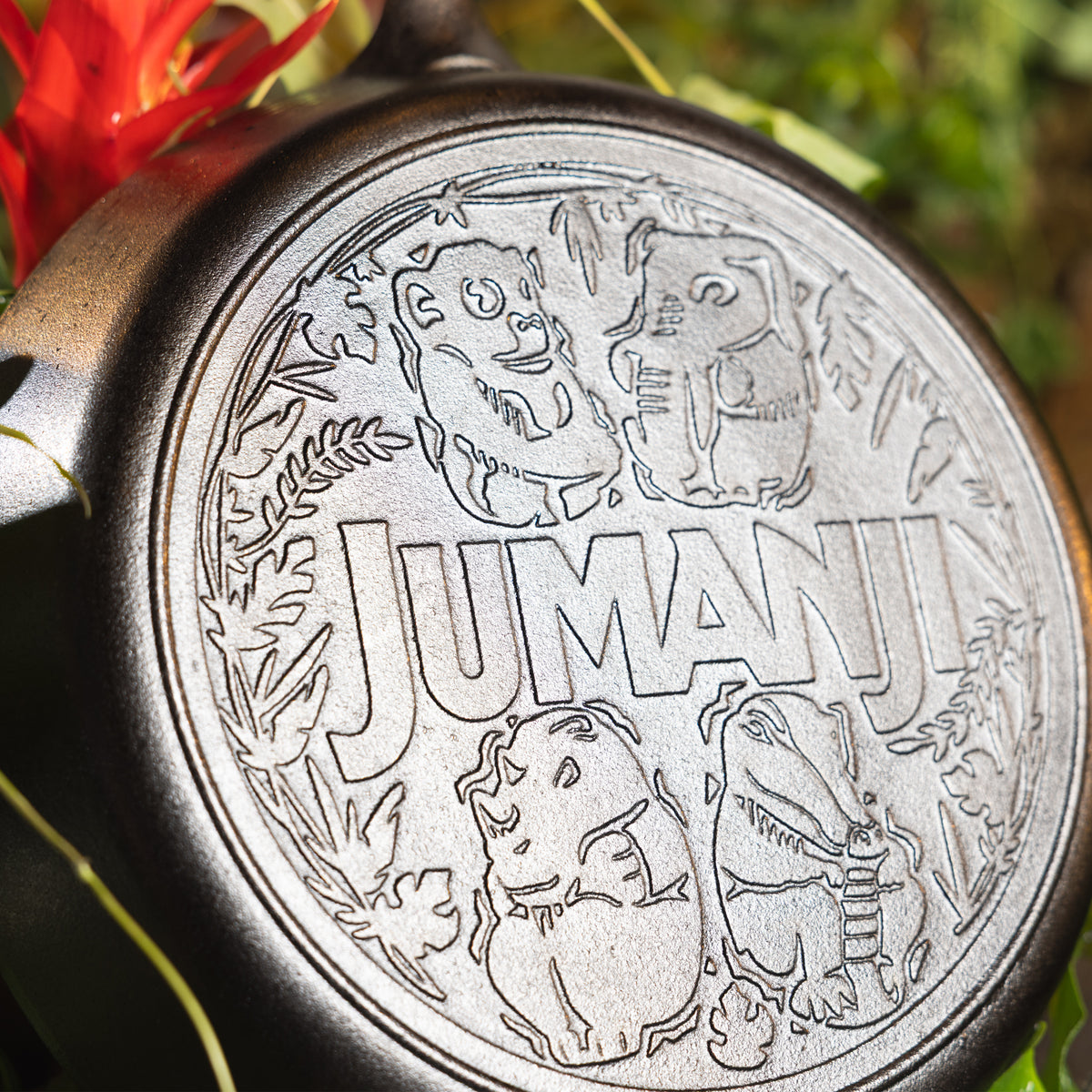 Close-up of a round cast-iron skillet featuring an embossed Jumanji design, photographed outdoors with blurred greenery and a red flower in the background.