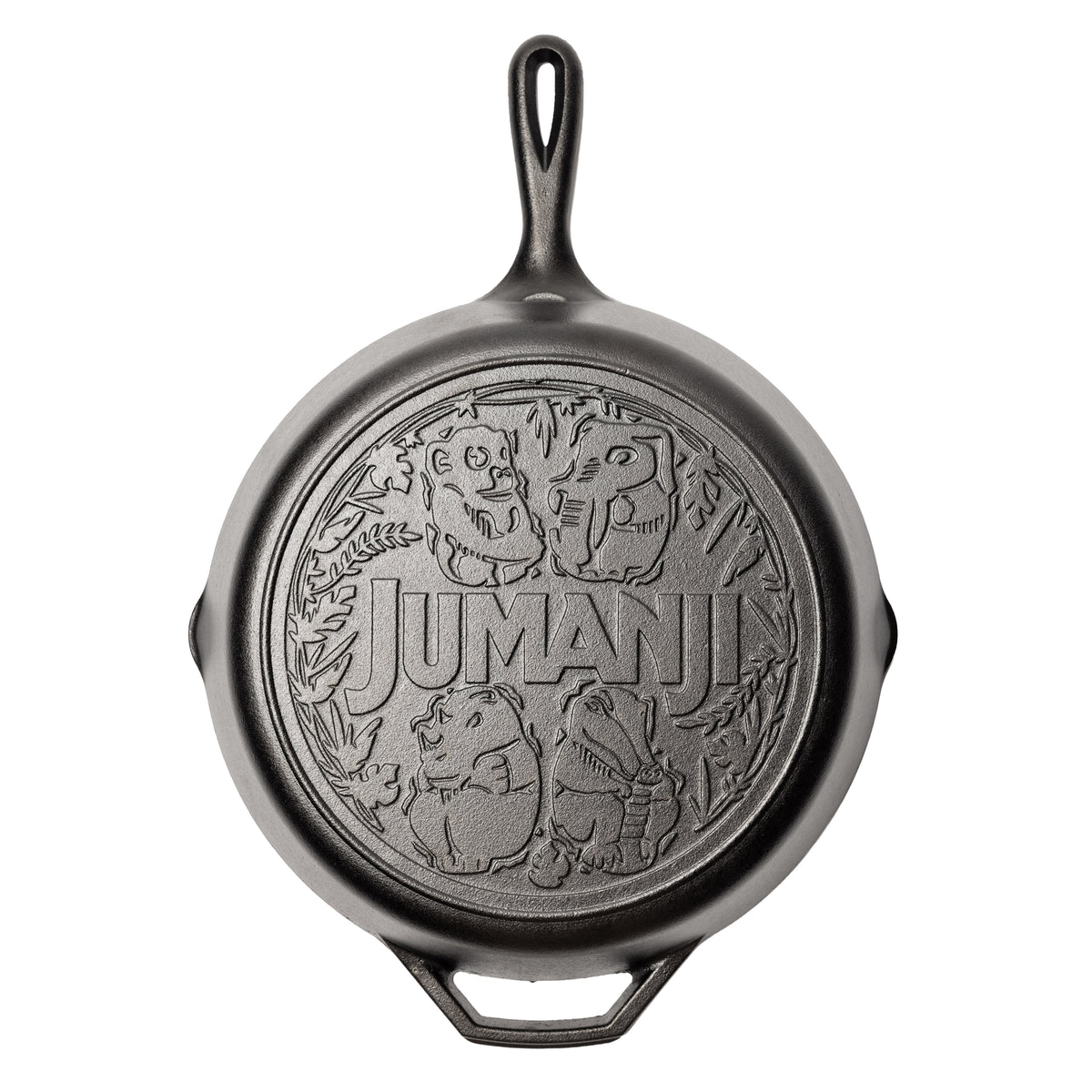 Cast iron skillet with Jumanji design on the back.
