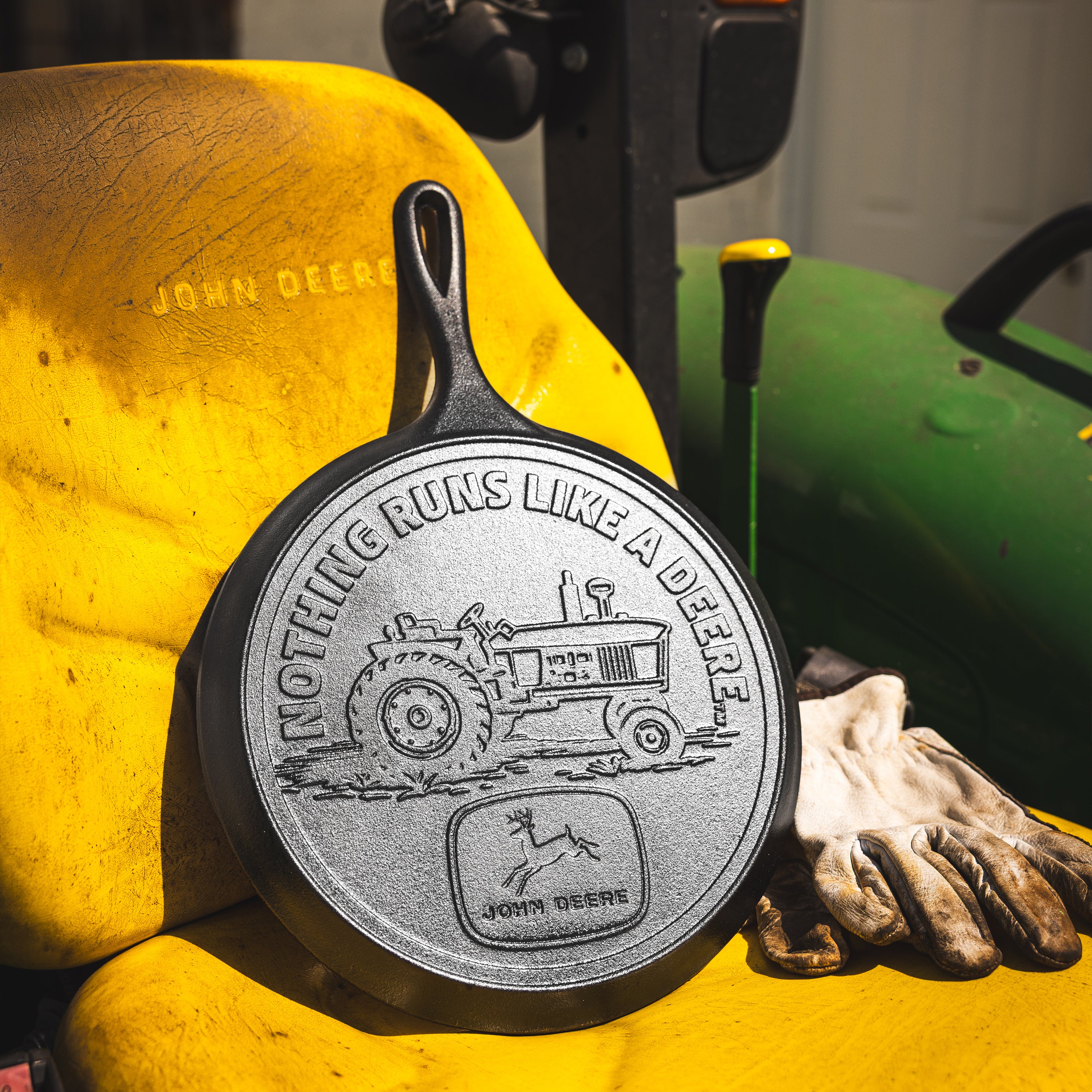 10.5 Inch Seasoned Cast Iron Griddle, John Deere Tractor