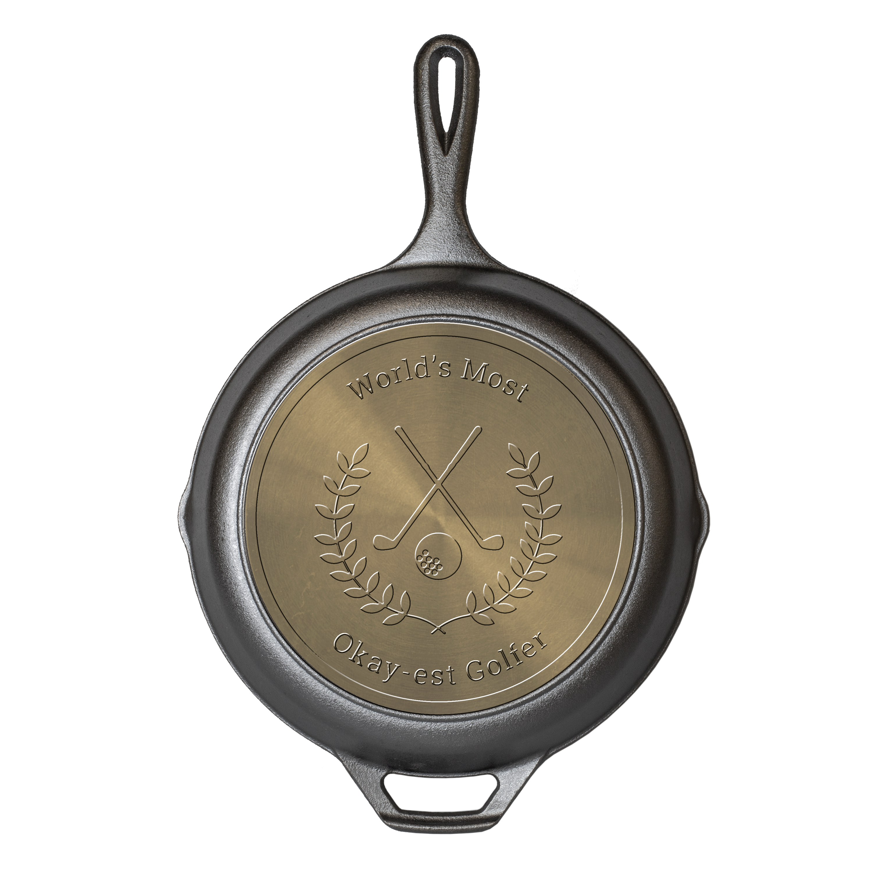 Personalized skillet with editable text fields on top and bottom arc which is around an icon with laurels circling a golf ball and two cross clubs.