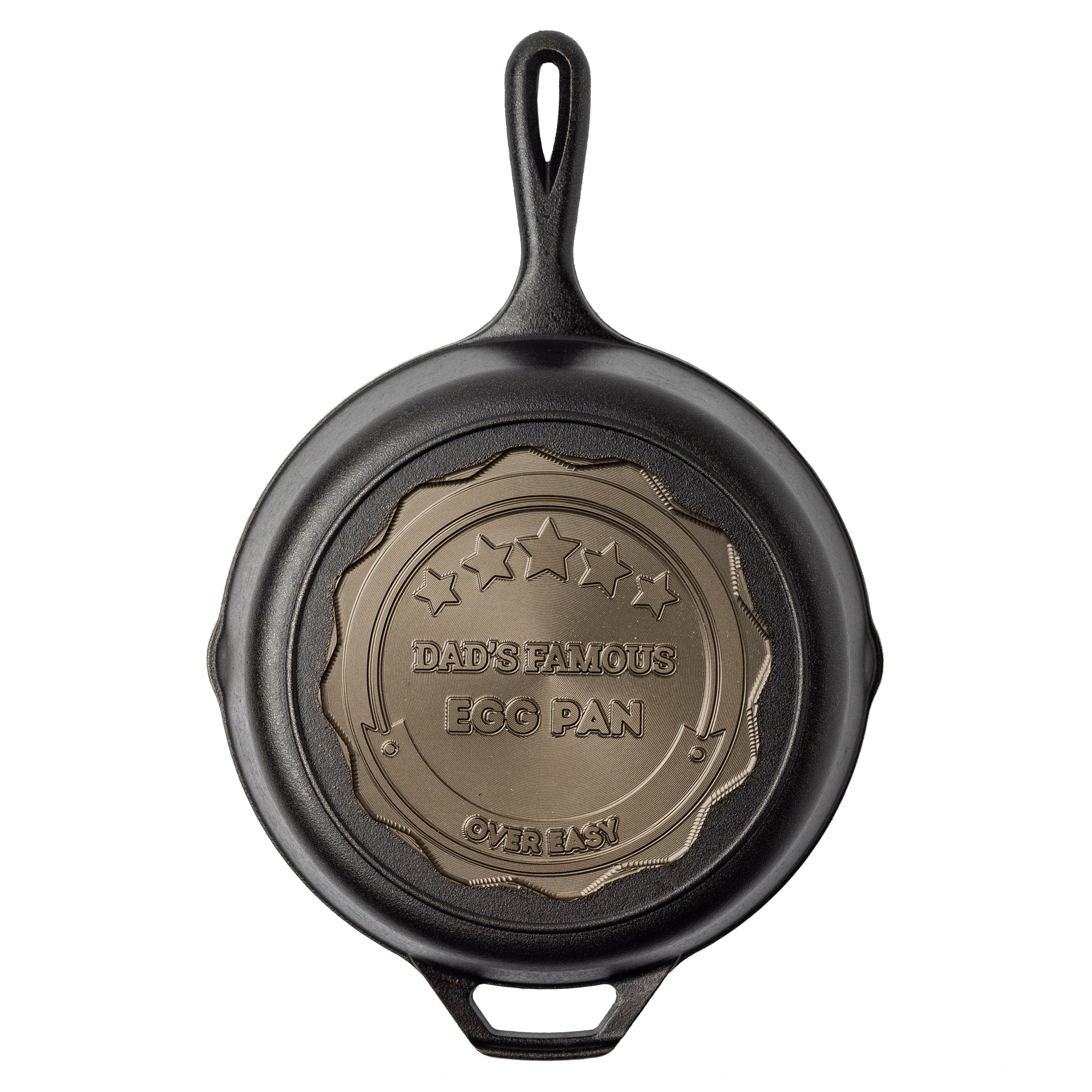 Personalized skillet with stars on top arc and banner on bottom arc. 3 editable text fields: 2 centered in the middle and 1 in the banner on bottom arc.