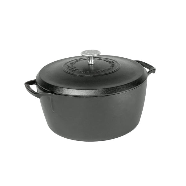 Black dutch oven with 2 handles and a lid.