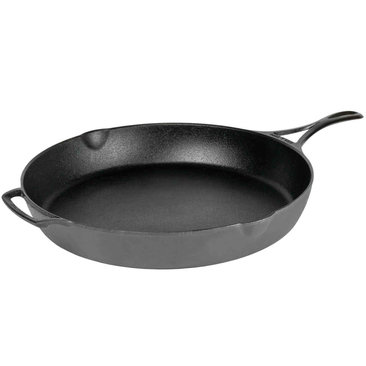 A classic black cast iron skillet with a long handle and a small side loop handle.