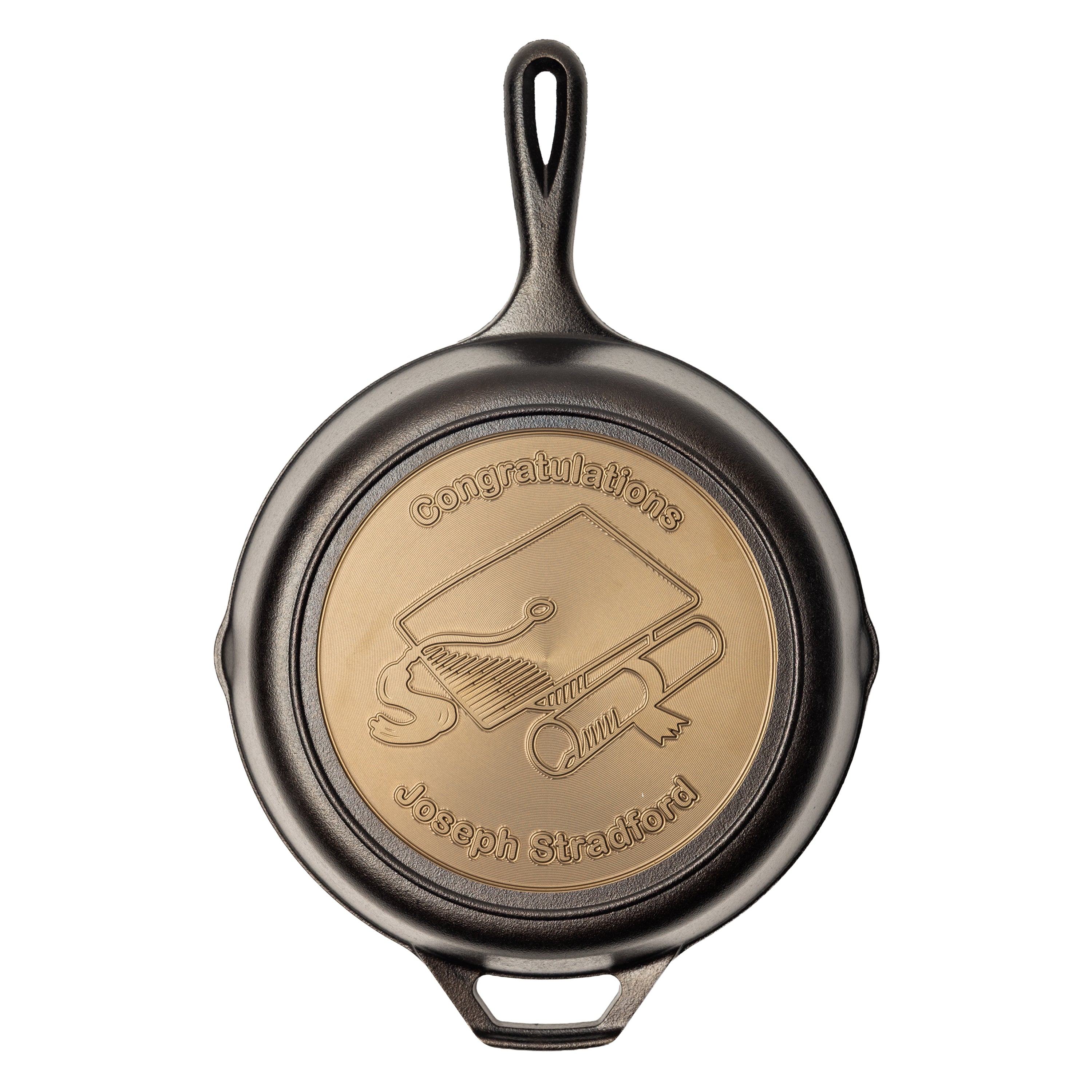 Personalized engraved skillet that was used to congratulate the graduate.