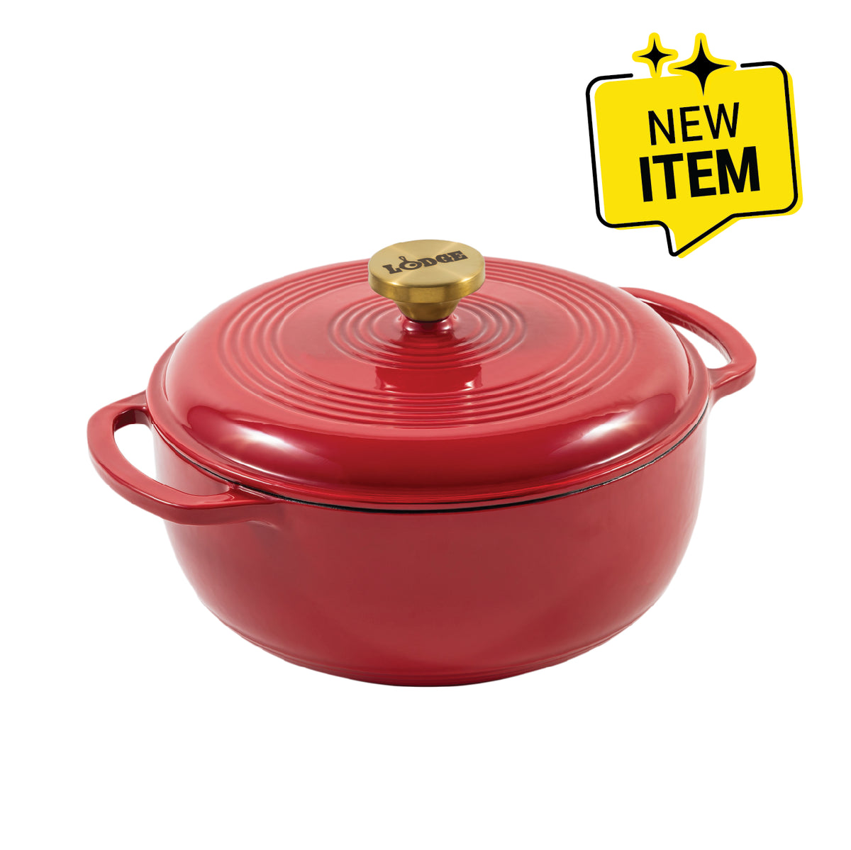 A red enameled cast iron Dutch oven with a matching lid and gold-tone knob, shown on a white background with a yellow 'NEW ITEM' badge in the top right corner.