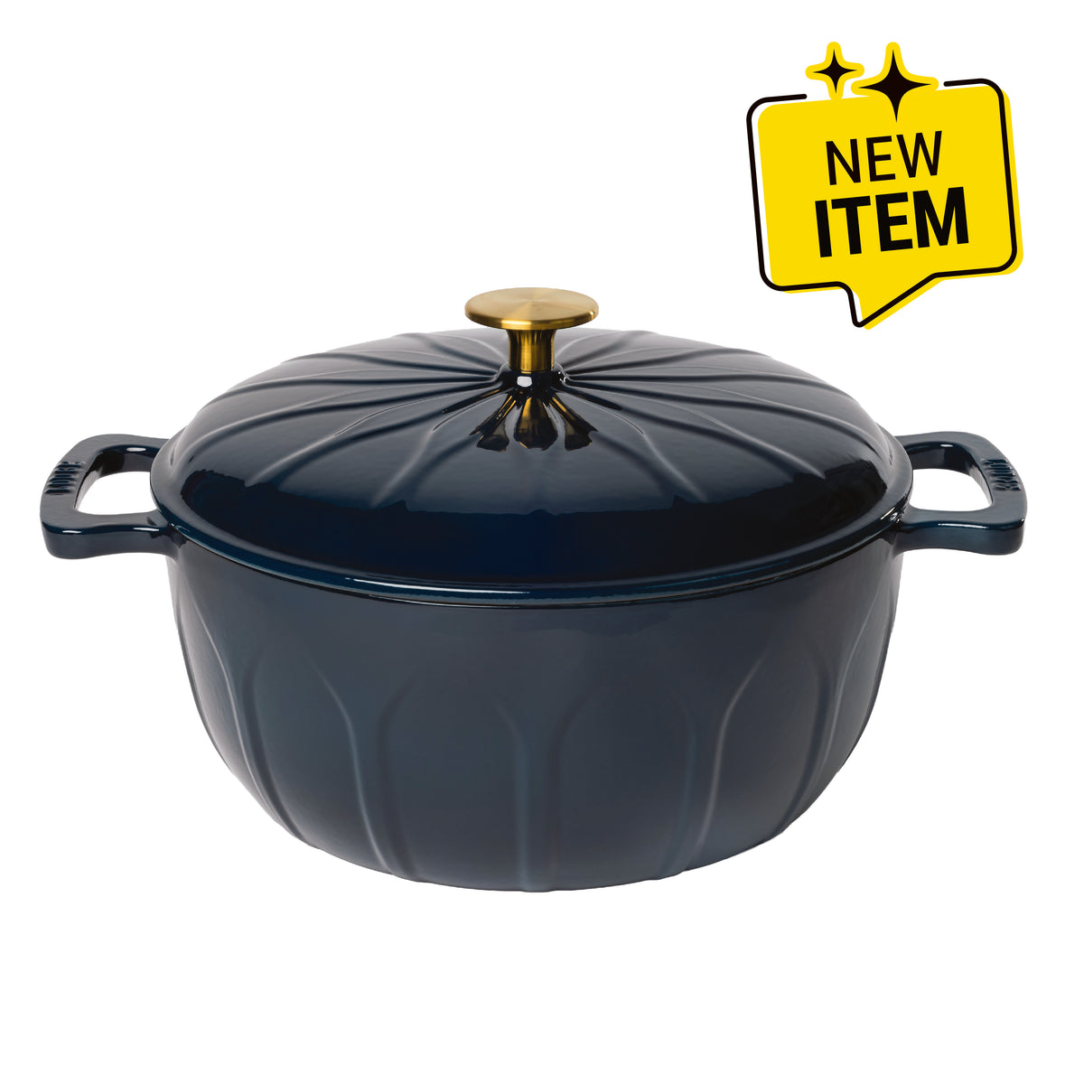 A dark navy blue enameled cast iron pot with a matching lid, featuring a ribbed pumpkin-like design, side handles, and a gold-toned knob. A badge saying "New Item" is displayed in corner.