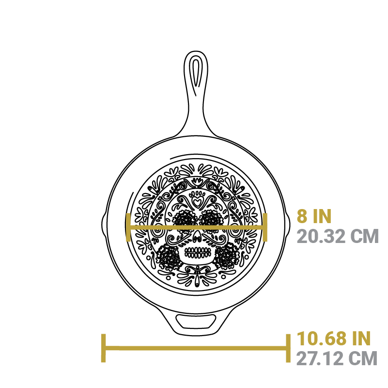Seasoned Cast Iron Sugar Skull Skillet with Deluxe Handle Holder
