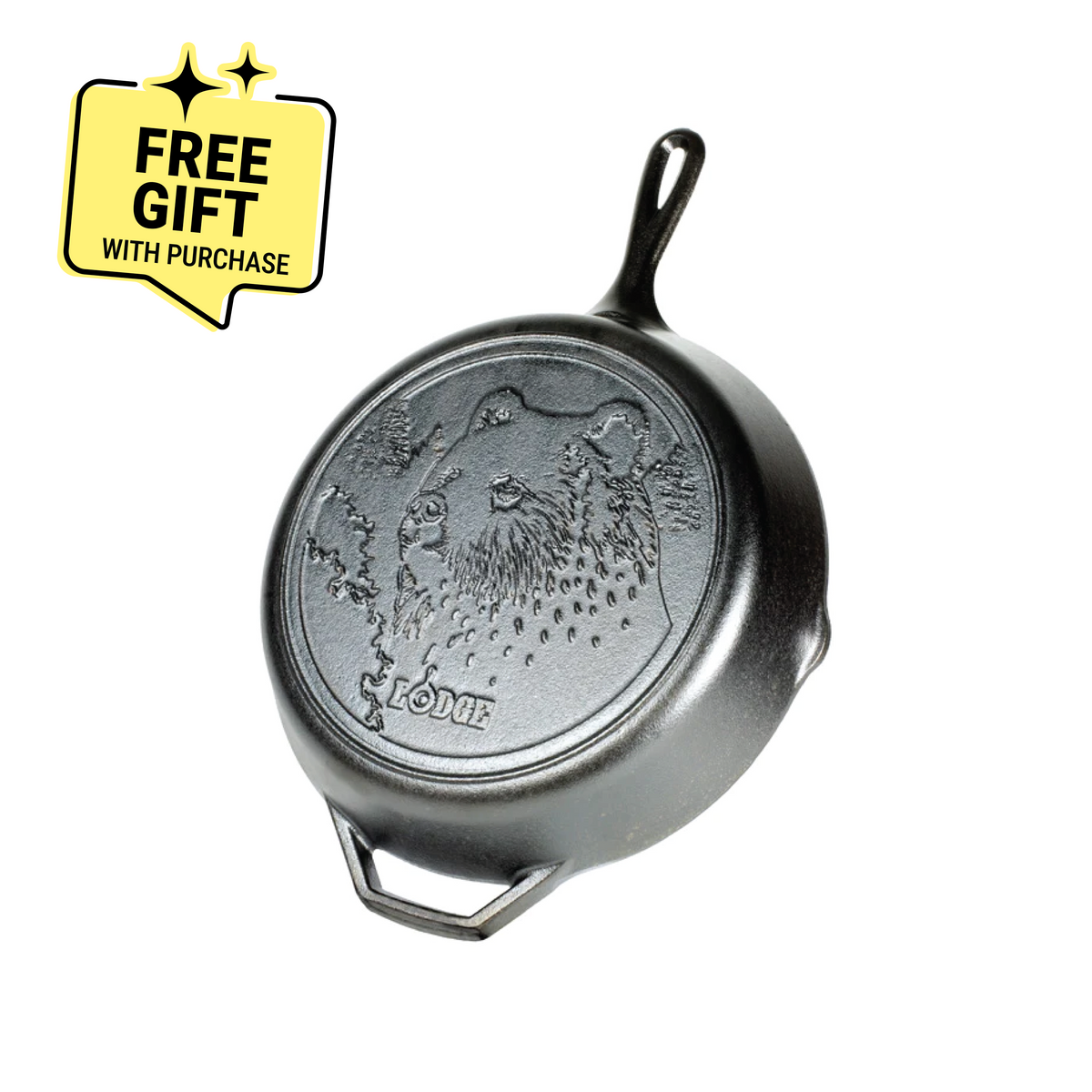 Cast iron skillet with bear design and 'Lodge' branding. Featuring a badge saying "Free Gift with Purchase".