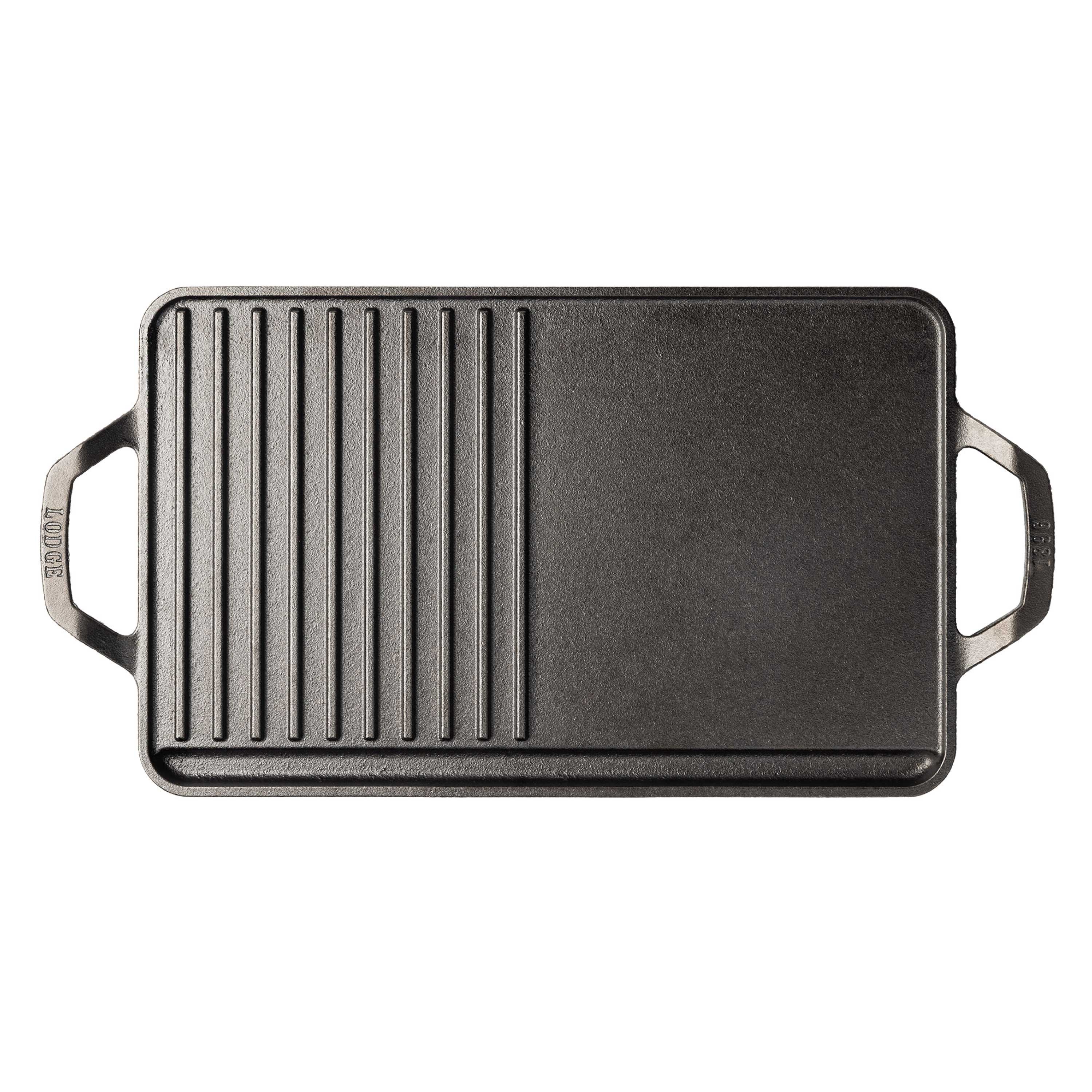 Black cast iron griddle grill pan with handles on a white background