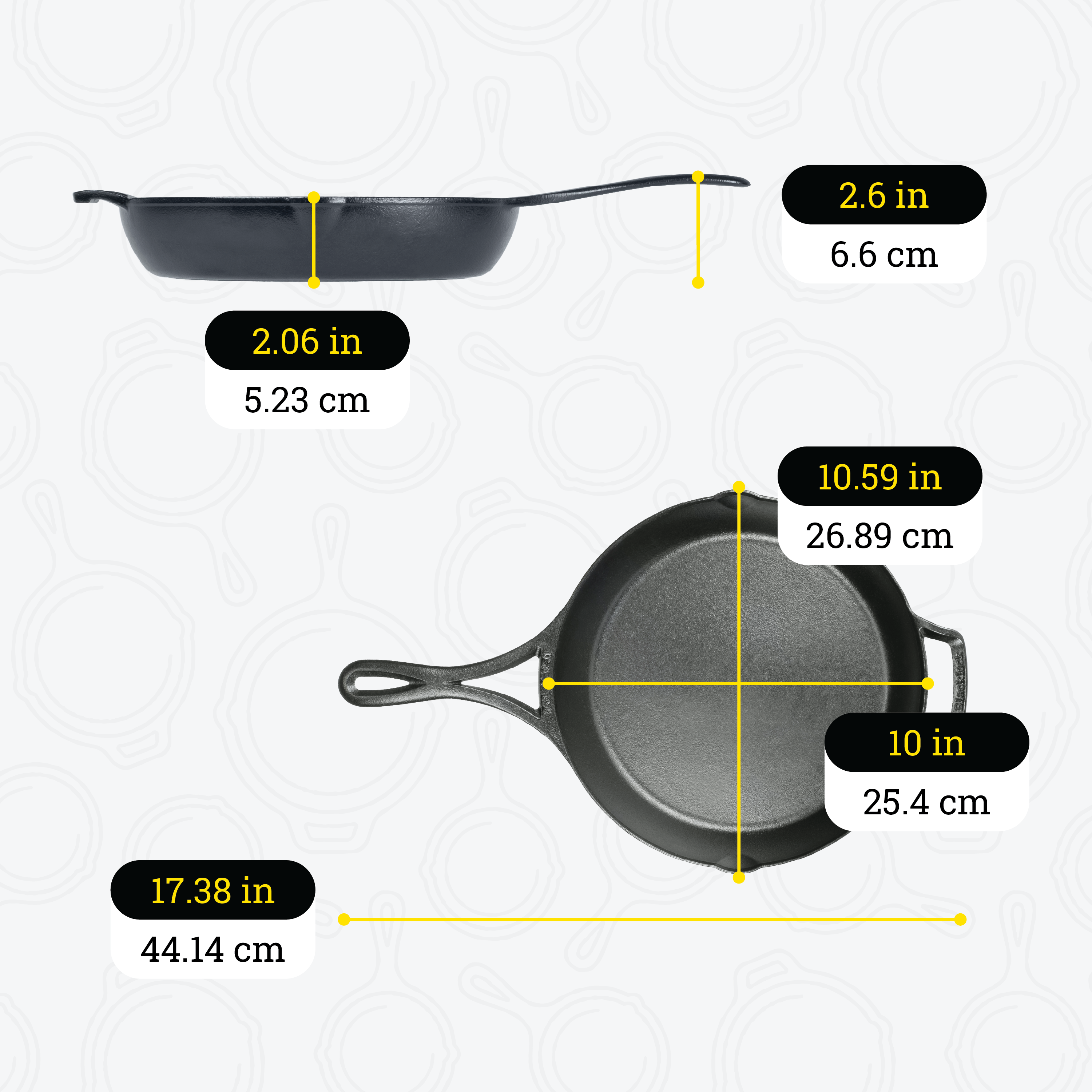 Dimensional drawing of product. Total width is 10.59 inches, depth of cooking surface is 2.06 inches, height of handle from bottom is 2.6 inches, total length including handle is 17.38 inches, length of cooking surface is 10 inches, and width of cooking surface from pour spout to pour spout is 10.59 inches.
