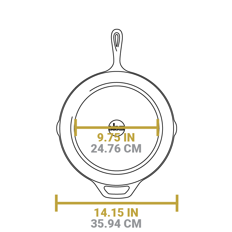 Dimensional drawing of product. Total width is 14.15 inches, flat bottom width is 9.75 inches.