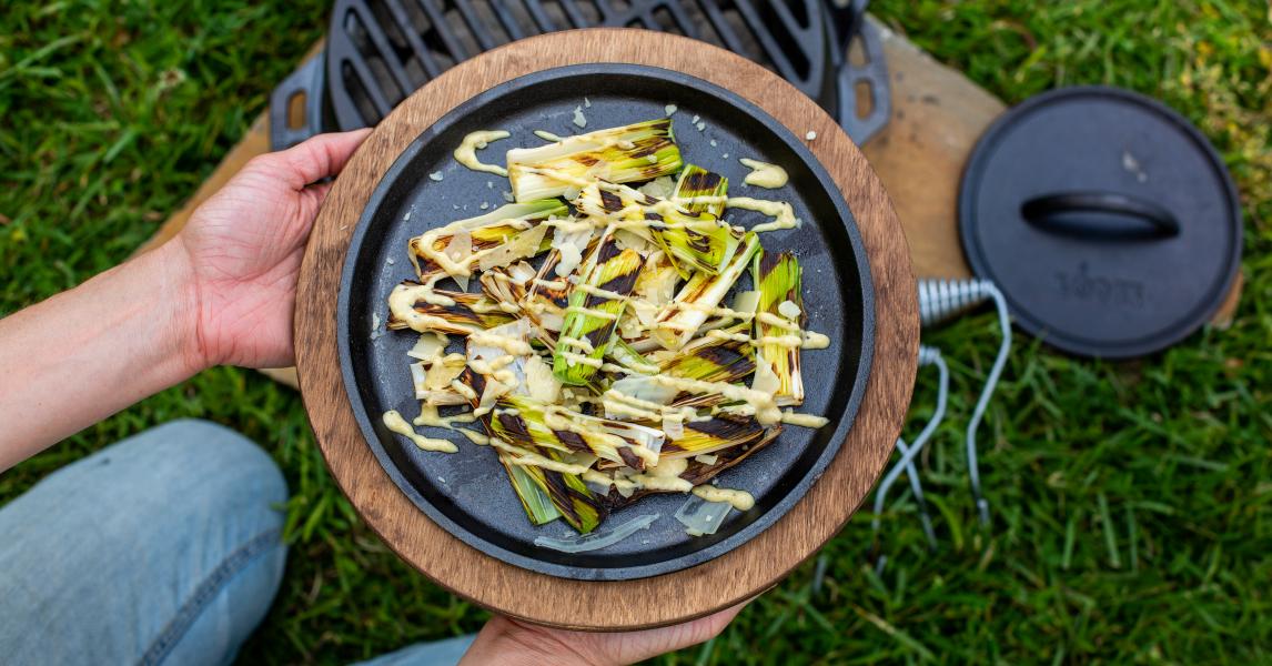 Grilled Leeks with Parmesan and Pine Nut Vinaigrette