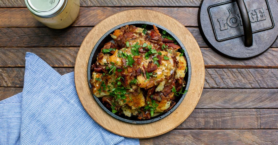 Grilled Smashed Potatoes with Warm Bacon Vinaigrette