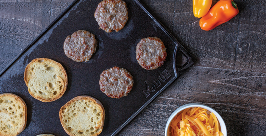 Griddle with biscuits and sausage