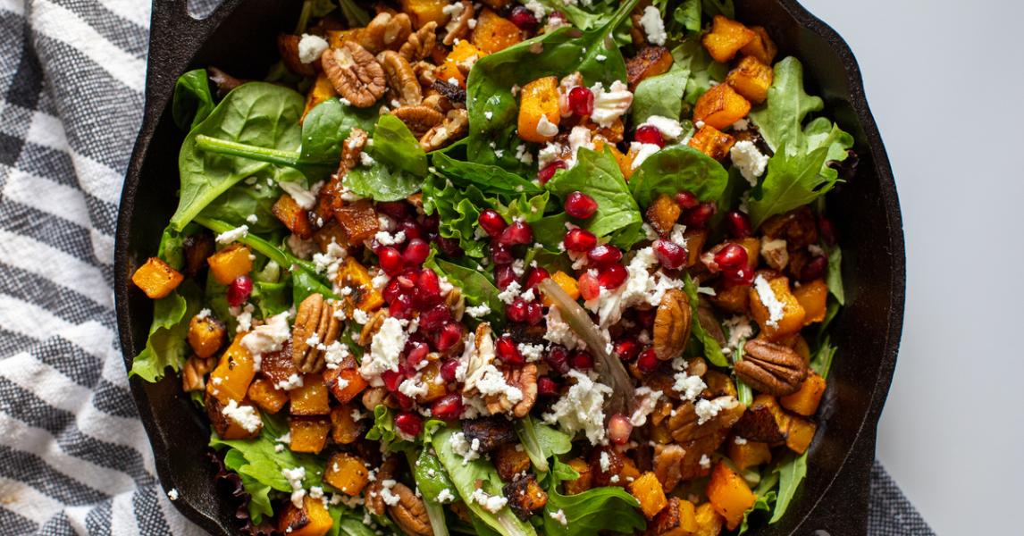 Roasted Butternut Squash and Goat Cheese Salad with Pomegranate Vinaigrette