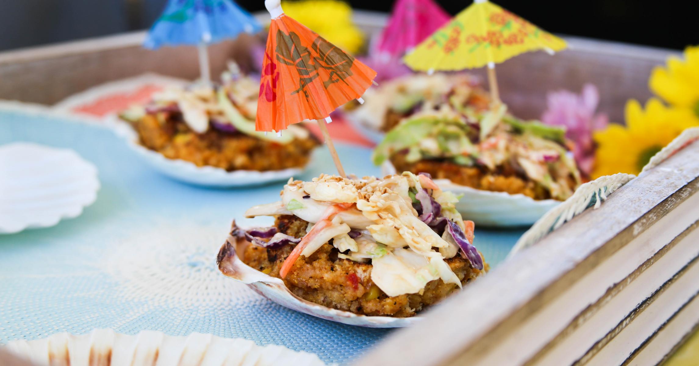 Sweet and Spicy Seafood Corncakes With Toasted Sesame Slaw