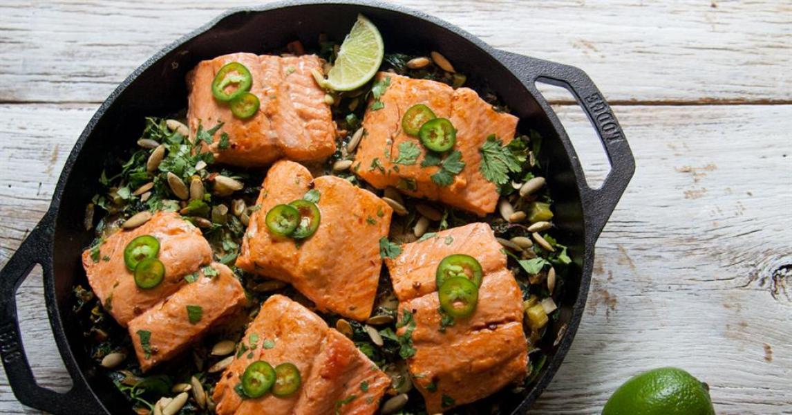 One Skillet Salmon With Creamy Greens