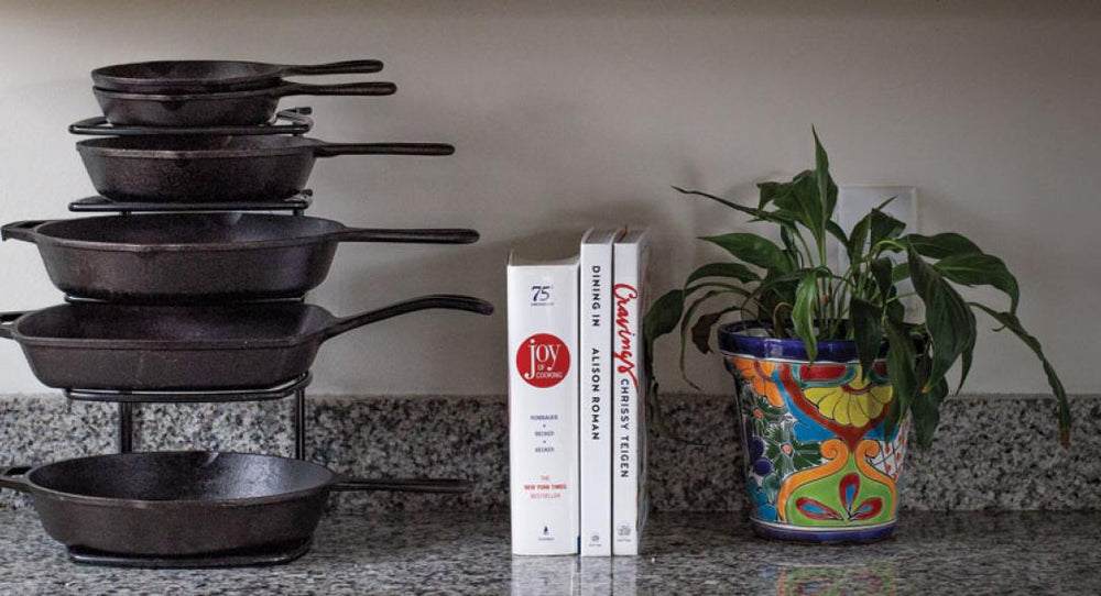 Skillets stored on counter storage rack