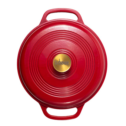 A red Lodge cast iron Dutch oven shown from a top-down view, featuring a circular lid with concentric ridges, two side handles, and a gold-colored center knob with the Lodge logo.