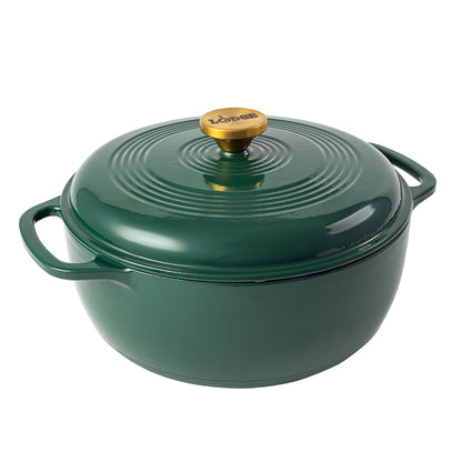 Emerald green enameled cast iron Dutch oven including a lid with gold knob.