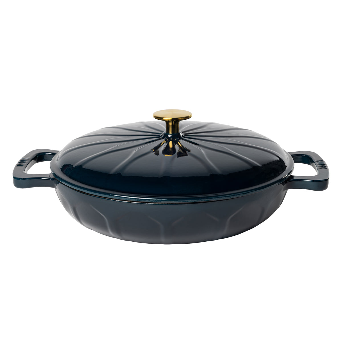 A dark navy blue enameled cast iron lidded casserole dish with side handles, a gold-tone knob, and a sunburst pattern.