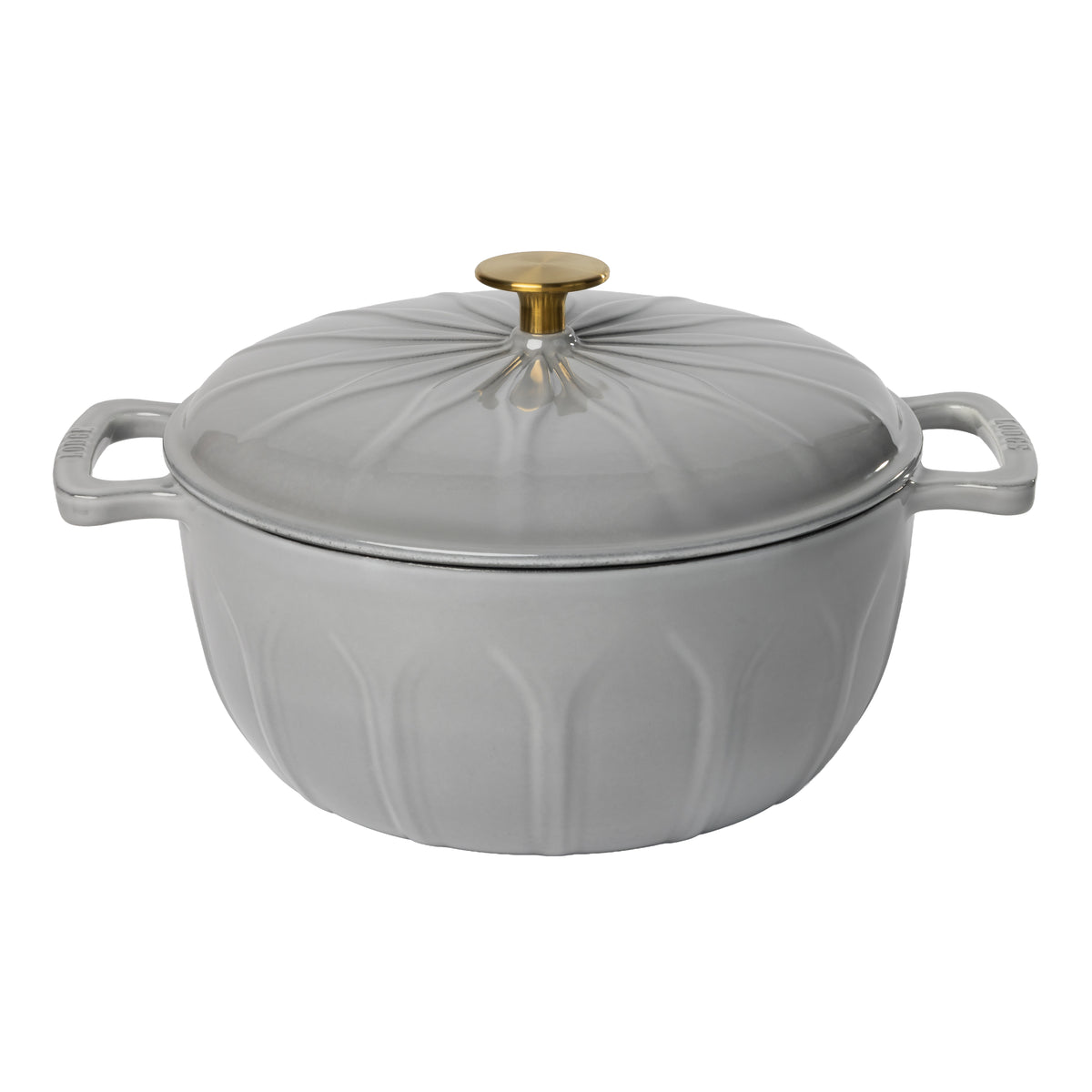 A light gray enameled cast iron pot with a matching lid, featuring a ribbed pumpkin-like design, side handles, and a gold-toned knob.