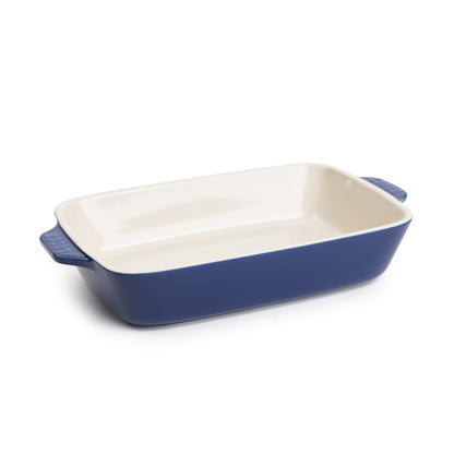 Indigo 11-by-7.5-inch stoneware baking dish with white interior.