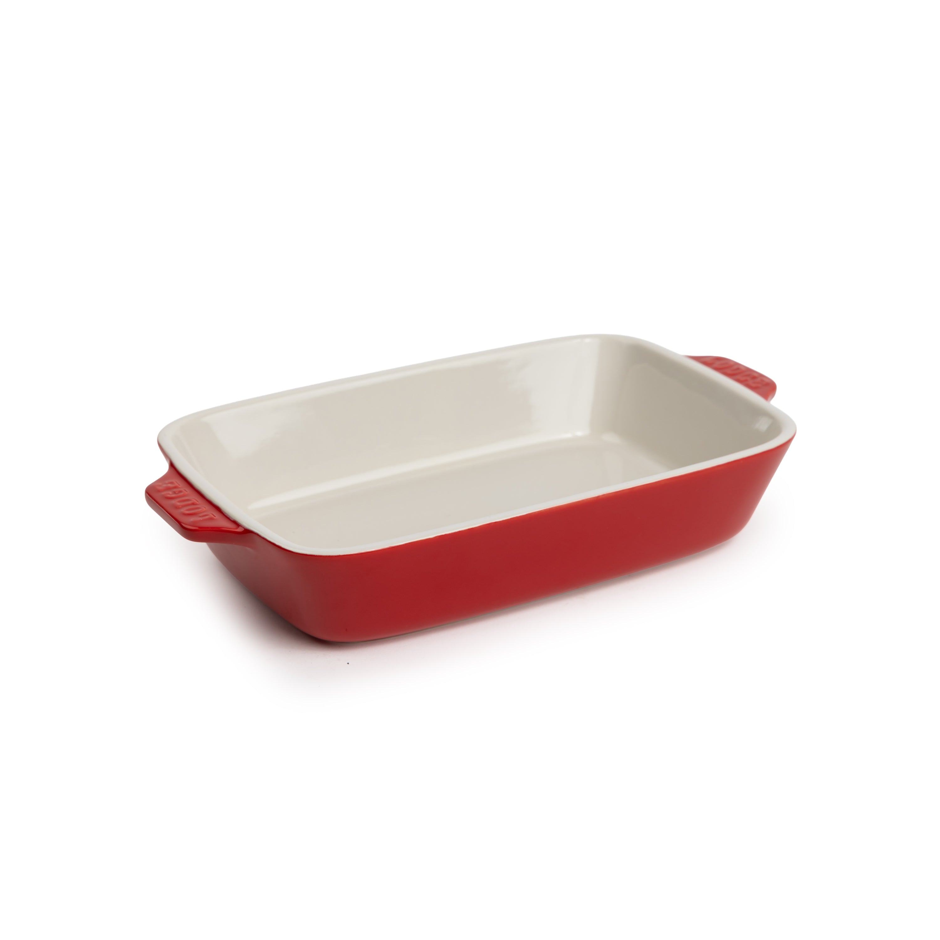 Cherry-red 9-by-6-inch stoneware casserole dish with white interior.