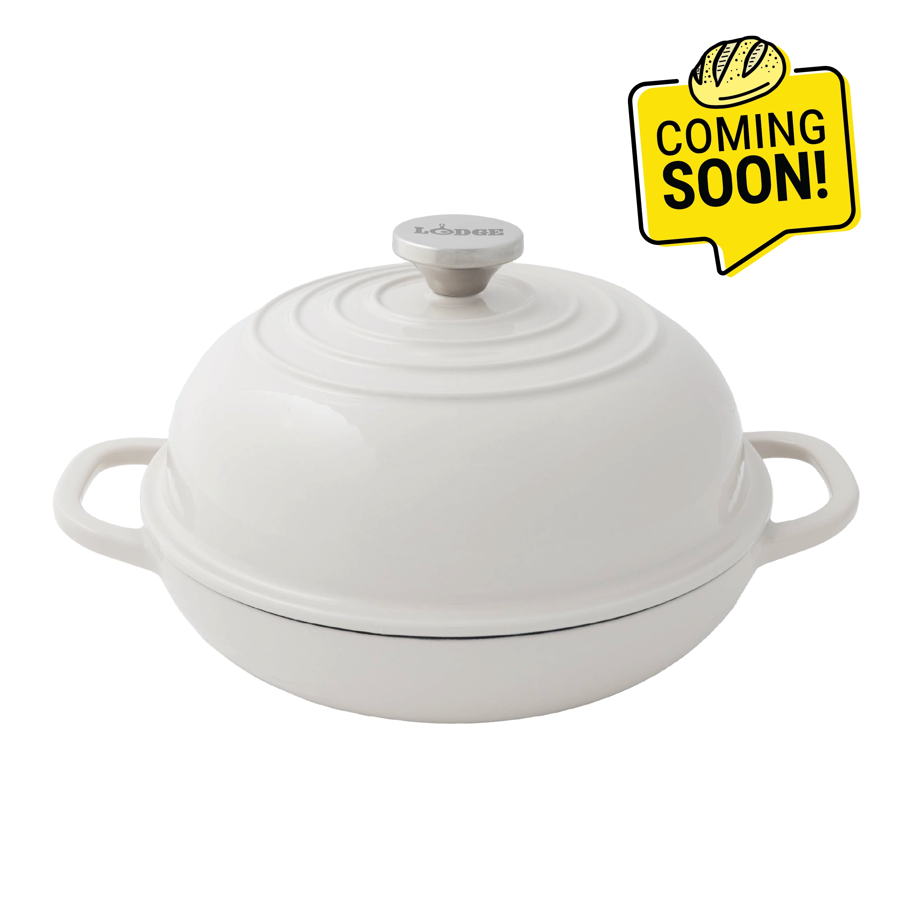 Oyster enameled bread oven with t2 handles on the base and a silver knob on lid. Image features a badge saying "Coming Soon".
